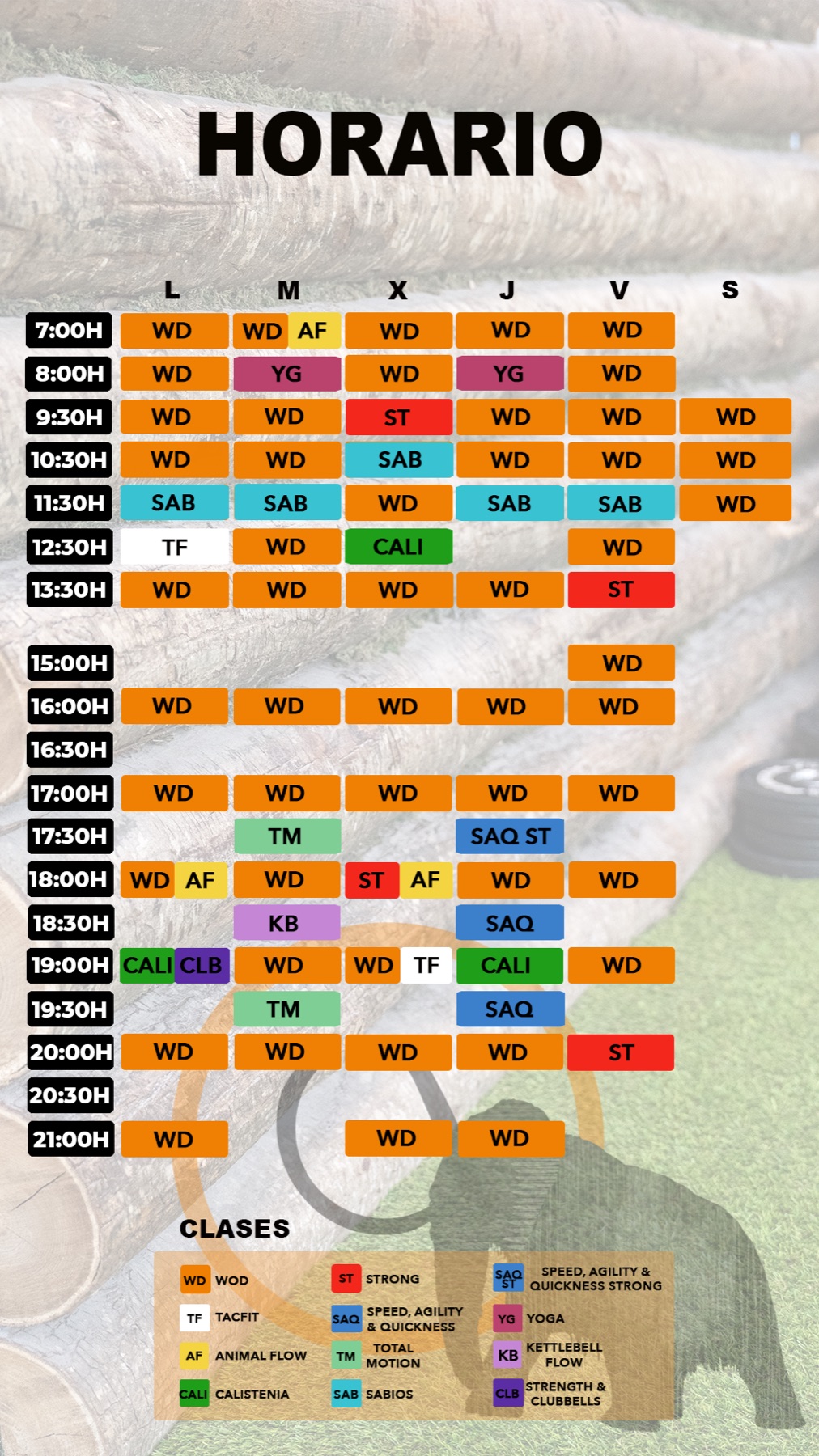 Cuadro de horarios 2026 de las clases de Primal Instinct BCN
