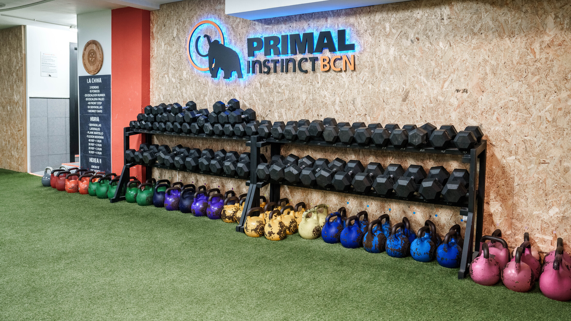 Rack de kettlebells y mancuernas en la sala Primal